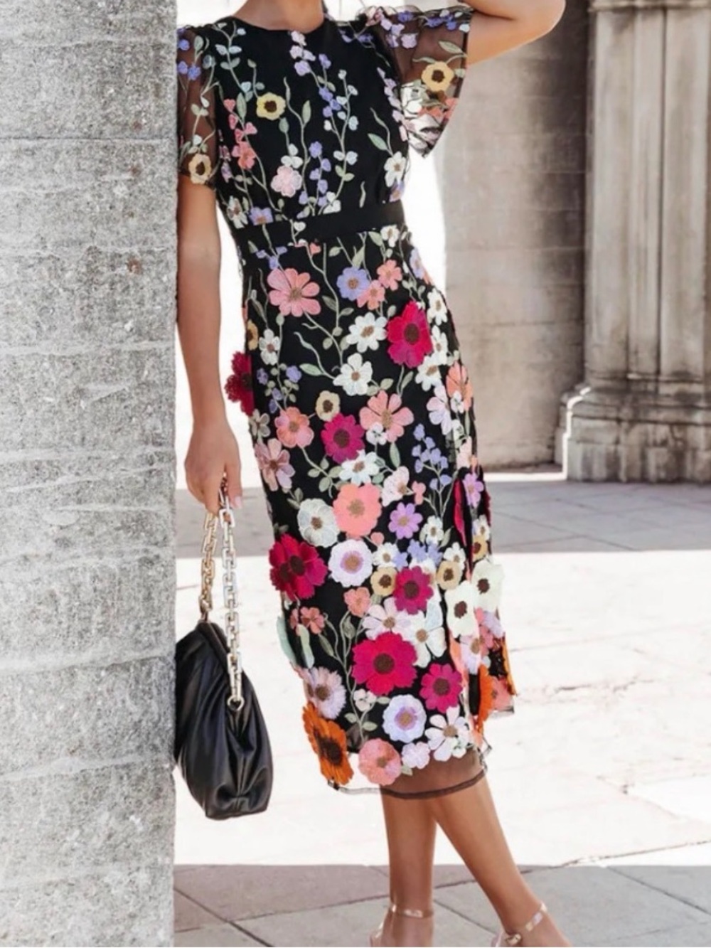 Storia Black Floral Midi Dress with Multicolor Appliqué Flowers